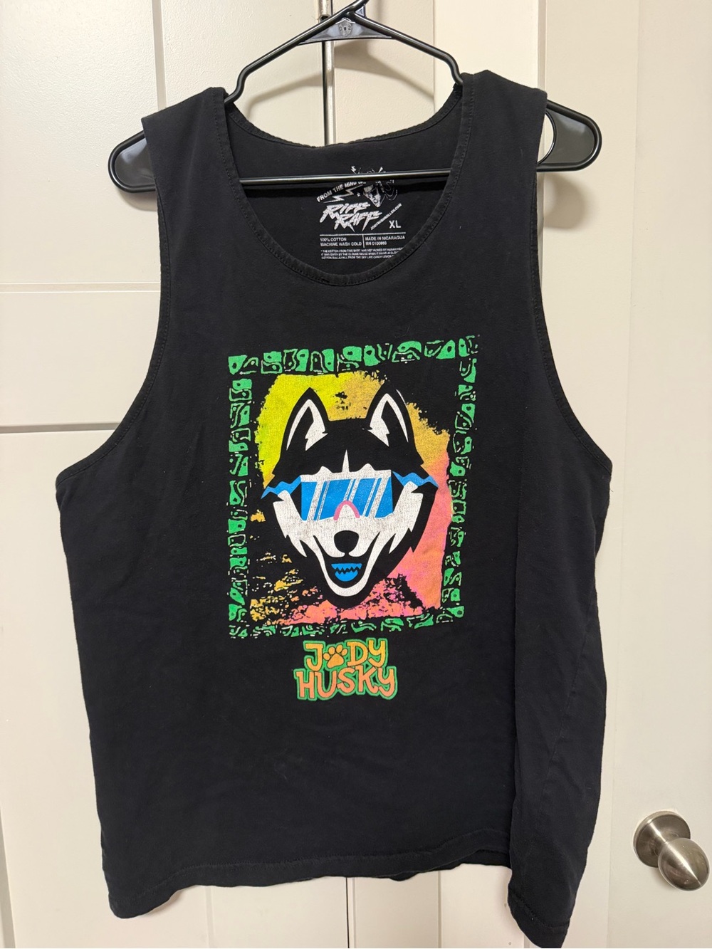 RIFF RAFF Jody Husky Graphic Tank Top - Black with Neon Husky Print